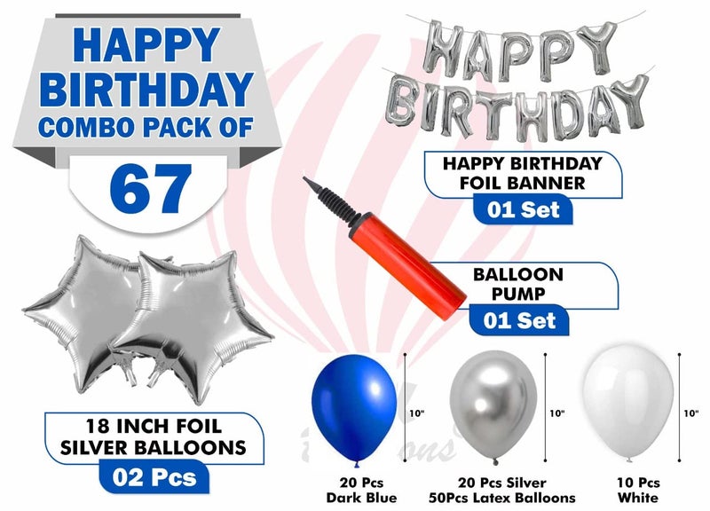 HK balloons Pack of 67 Pcs Silver Happy Birthday foil Balloons Decoration Kit Set for birthday Balloons Decorations with star Foil Balloons and balloon pump - Image 2