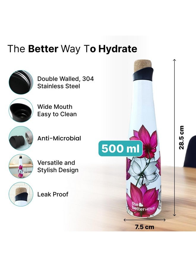 The Better Home The Better Home Insulated Stainless Steel Water Bottle 500ml | 8 Hours Insulation Cork Cap | Hot Cold Gym Office School | Airtight Leak Proof BPA Free | Pink Lotus Design Multicolour  - Image 3