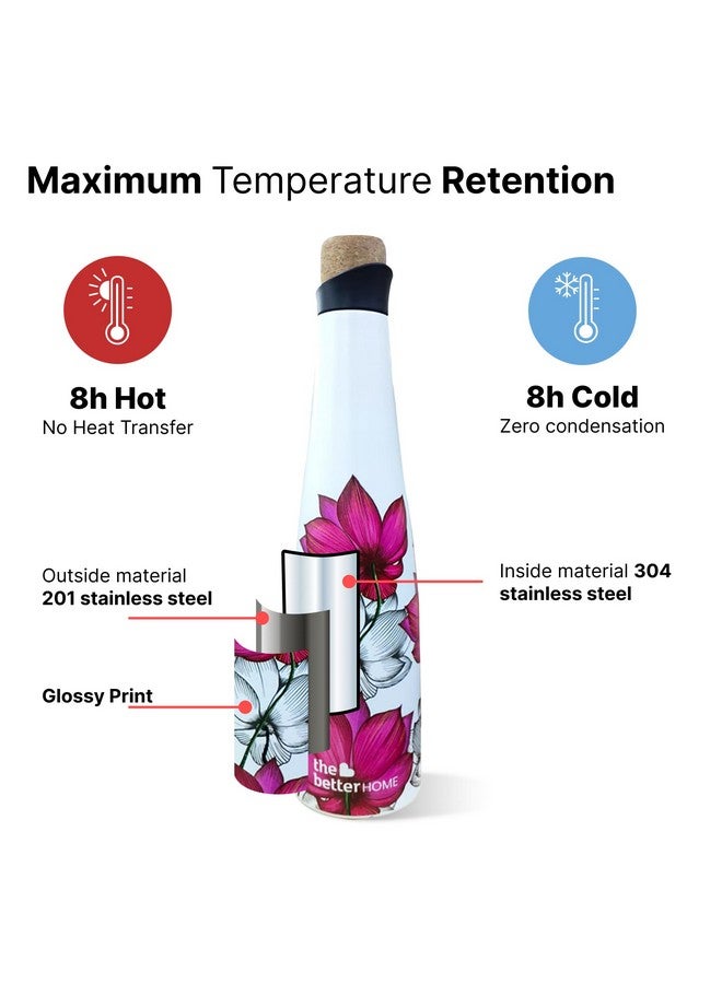 The Better Home The Better Home Insulated Stainless Steel Water Bottle 500ml | 8 Hours Insulation Cork Cap | Hot Cold Gym Office School | Airtight Leak Proof BPA Free | Pink Lotus Design Multicolour  - Image 4