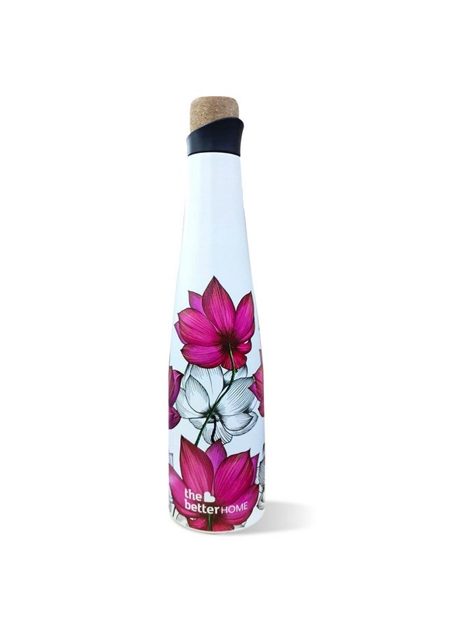 The Better Home The Better Home Insulated Stainless Steel Water Bottle 500ml | 8 Hours Insulation Cork Cap | Hot Cold Gym Office School | Airtight Leak Proof BPA Free | Pink Lotus Design Multicolour  - Image 1