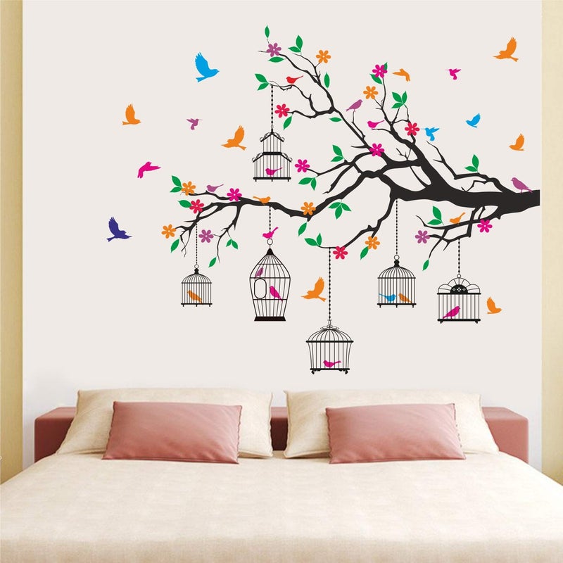 StickMe 'Nature Tree - Colorful - Birds - Cage - Wall Sticker ' -SM1120 (Multi Colour, Vinyl - 130cm X 110 cm), Self-Adhesive - Image 5