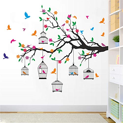 StickMe 'Nature Tree - Colorful - Birds - Cage - Wall Sticker ' -SM1120 (Multi Colour, Vinyl - 130cm X 110 cm), Self-Adhesive - Image 2