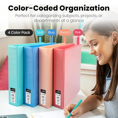 Yoobi 3 Ring Binders – 1.5 Inch Binder with Round D Rings and 2 Pockets, Durable, PVC-Free Organizer with 375 Sheets Capacity, 4- Pack Colored Binders with Plastic Cover for Office Supplies - Image 3