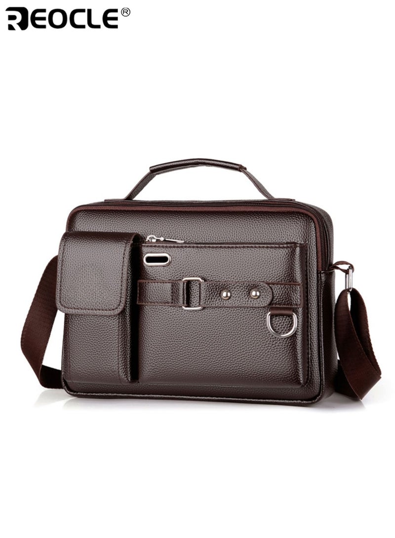 REOCLE Men's Genuine Leather Business Crossbody Bag High-end Layer Cowhide Office Shoulder Bag Handbag with Portable Headphone Hole - Image 1