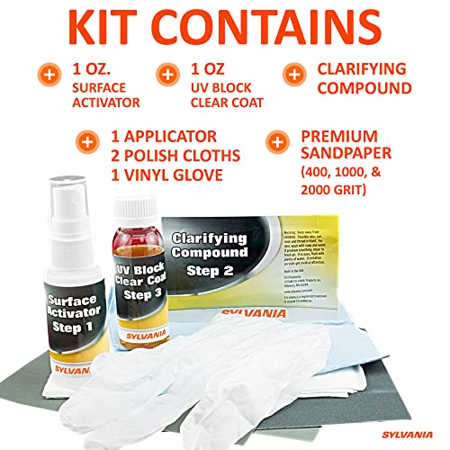SYLVANIA - Headlight Restoration Kit - 3 Easy Steps to Restore Sun Damaged Headlights with Exclusive UV Block Clear Coat, Light Output and Beam Pattern Restored, Long Lasting Headlight Restorer Kit - Image 5