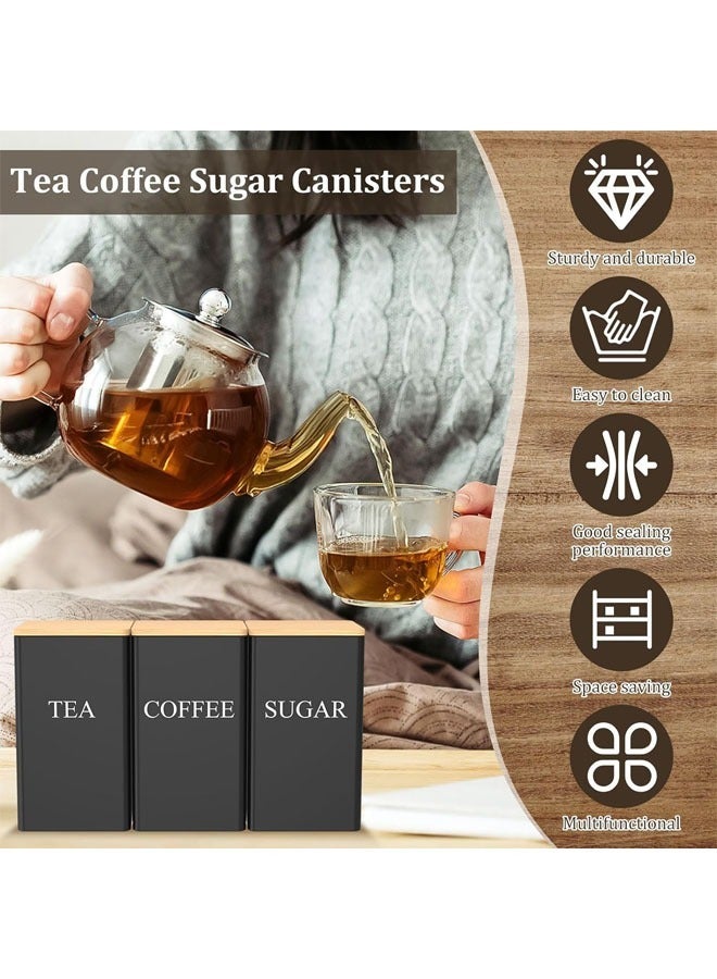Tea Coffee Sugar Canister Set, Canister Set of 3, Tea Coffee Sugar Canister Set Metal with Airtight Bamboo Lid and Name Marker, Simple Square Kitchen Canister Set for Coffee Tea Sugar Storage (Black) - Image 2