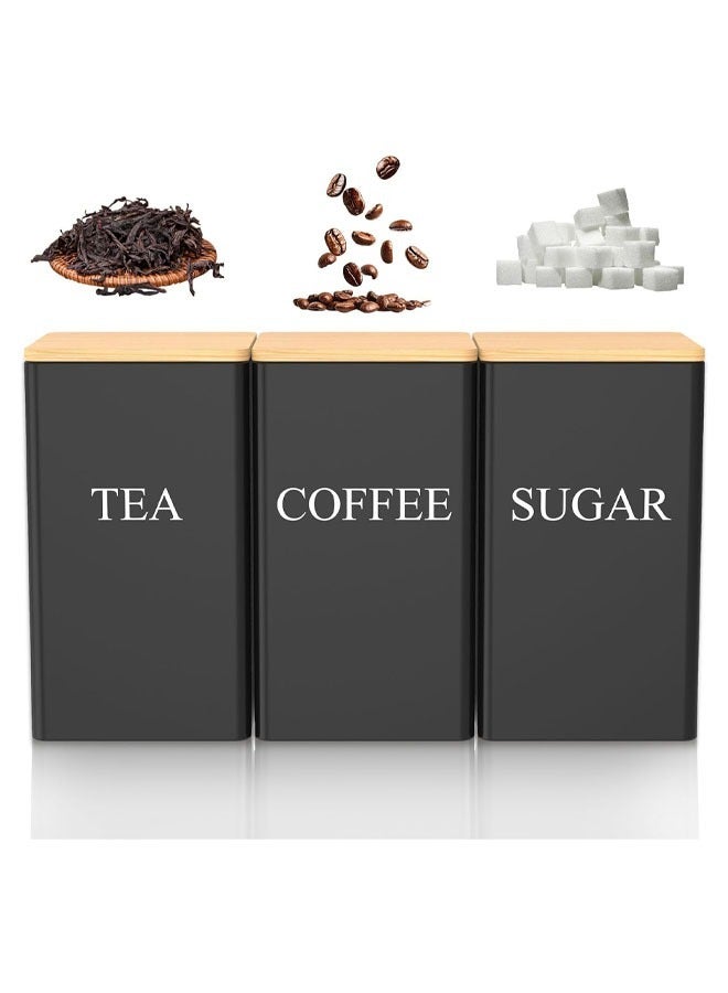 Tea Coffee Sugar Canister Set, Canister Set of 3, Tea Coffee Sugar Canister Set Metal with Airtight Bamboo Lid and Name Marker, Simple Square Kitchen Canister Set for Coffee Tea Sugar Storage (Black) - Image 1