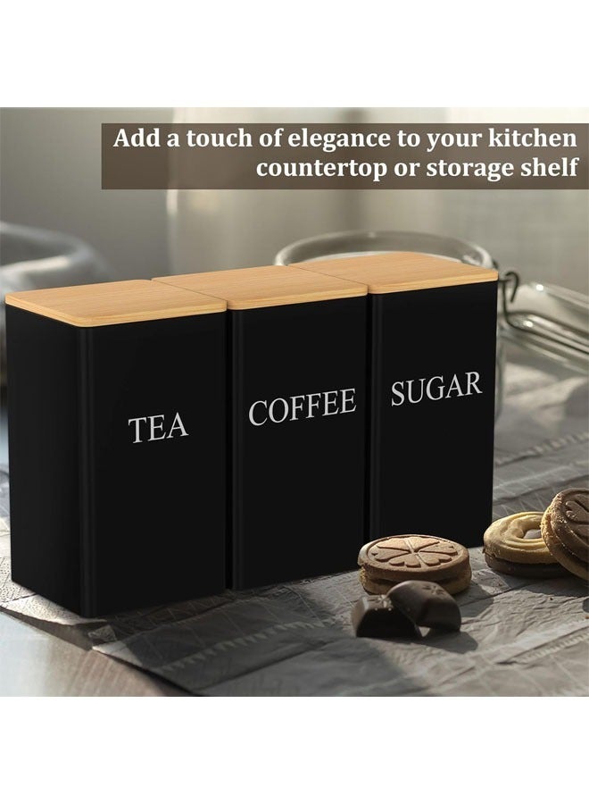 Tea Coffee Sugar Canister Set, Canister Set of 3, Tea Coffee Sugar Canister Set Metal with Airtight Bamboo Lid and Name Marker, Simple Square Kitchen Canister Set for Coffee Tea Sugar Storage (Black) - Image 3