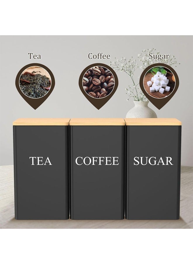 Tea Coffee Sugar Canister Set, Canister Set of 3, Tea Coffee Sugar Canister Set Metal with Airtight Bamboo Lid and Name Marker, Simple Square Kitchen Canister Set for Coffee Tea Sugar Storage (Black) - Image 5