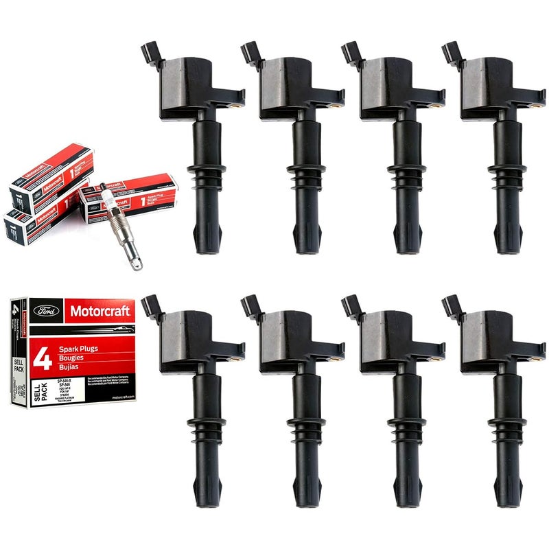 MAS Set of 8 Ignition Coils Pack Straight Boot Motorcraft Spark plug SP546 SP515 Compatible with Ford F150 F250 F350 Super Duty Expedition Lincoln Navigator V8 54l Replacement for DG511 FD508