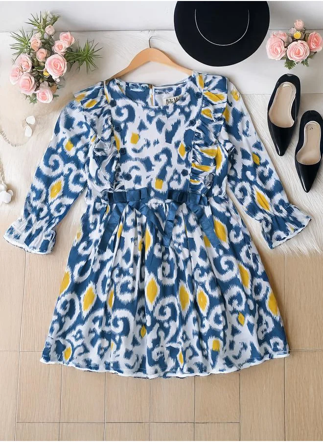 بيلا مودا All-Over Print Bow Detail Dress with Long Sleeves