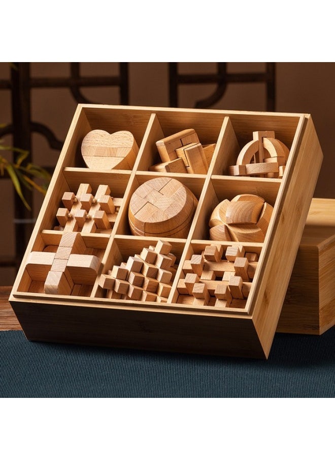Generic - Luban Lock Kongming Lock Full Set Of Primary School Children's Toys 8-12 Years Old Unlock Unblocking Boys Intelligence Building Blocks-Color:★Wooden Boxed★Beech Luban Lock Nine-piece Set B Advanced, Recommend Middle School Students - Image 1