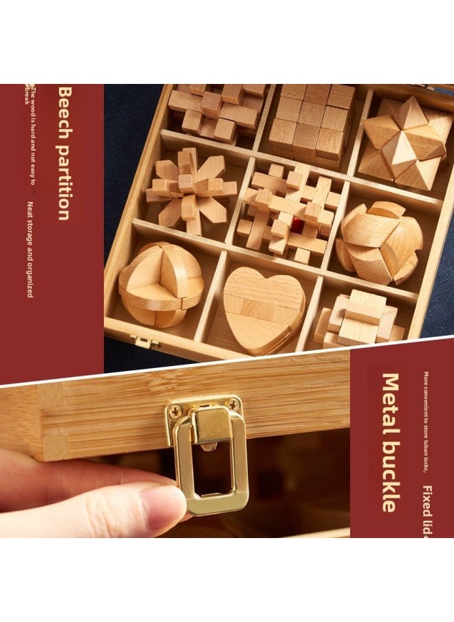 Generic - Luban Lock Kongming Lock Full Set Of Primary School Children's Toys 8-12 Years Old Unlock Unblocking Boys Intelligence Building Blocks-Color:★Wooden Boxed★Beech Luban Lock Nine-piece Set B Advanced, Recommend Middle School Students - Image 1