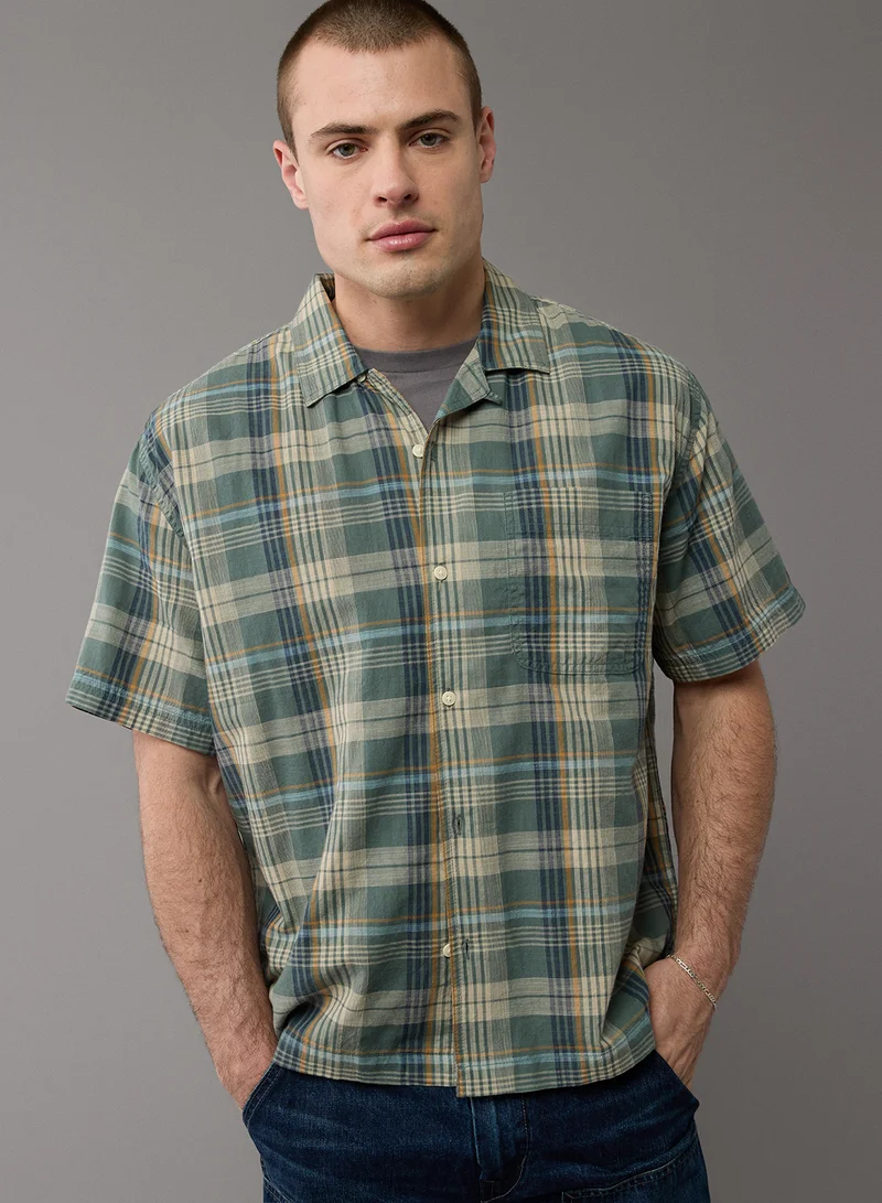 American Eagle Checked Plaid Button-Up Poolside Shirt
