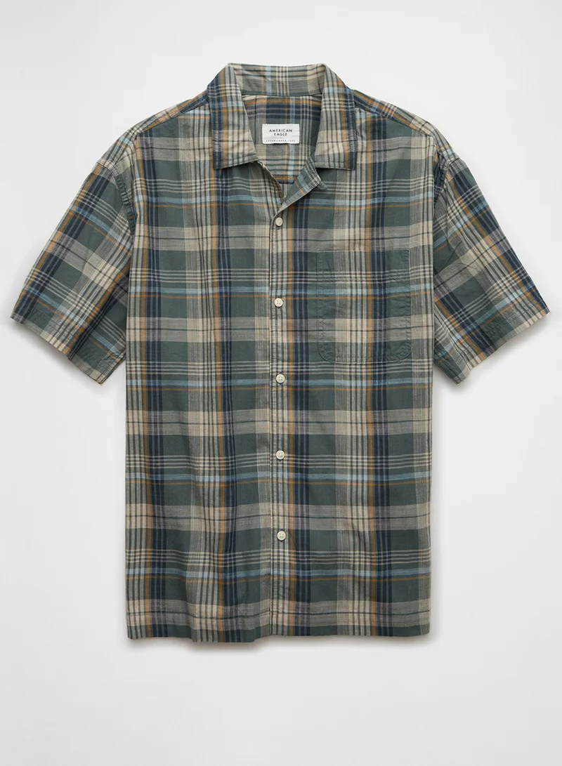 American Eagle Checked Plaid Button-Up Poolside Shirt