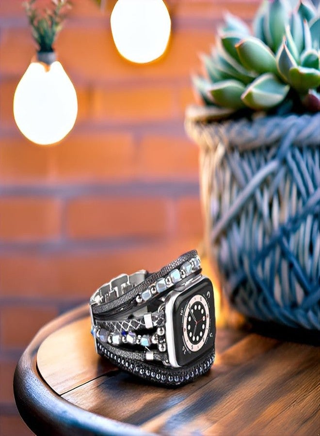 HARAVAL Boho Bracelet Compatible with Apple Watch Band 38mm 40mm 41mm Women Men, Handmade Beaded Jewelry Fashion Cute Multilayer Wrap Leather Strap for iWatch Band SE 3 Ultra 2 3 Series 11 10 9 8 7 6 5 4 3 2 1 - Black - Image 5
