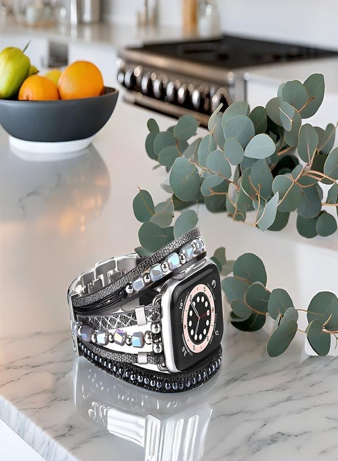 HARAVAL Boho Bracelet Compatible with Apple Watch Band 38mm 40mm 41mm Women Men, Handmade Beaded Jewelry Fashion Cute Multilayer Wrap Leather Strap for iWatch Band SE 3 Ultra 2 3 Series 11 10 9 8 7 6 5 4 3 2 1 - Black - Image 4
