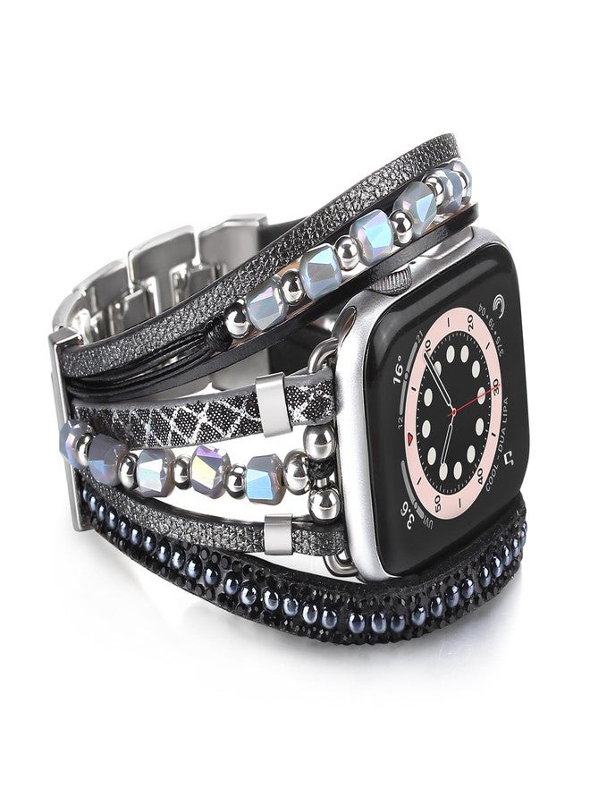 HARAVAL Boho Bracelet Compatible with Apple Watch Band 38mm 40mm 41mm Women Men, Handmade Beaded Jewelry Fashion Cute Multilayer Wrap Leather Strap for iWatch Band SE 3 Ultra 2 3 Series 11 10 9 8 7 6 5 4 3 2 1 - Black - Image 1