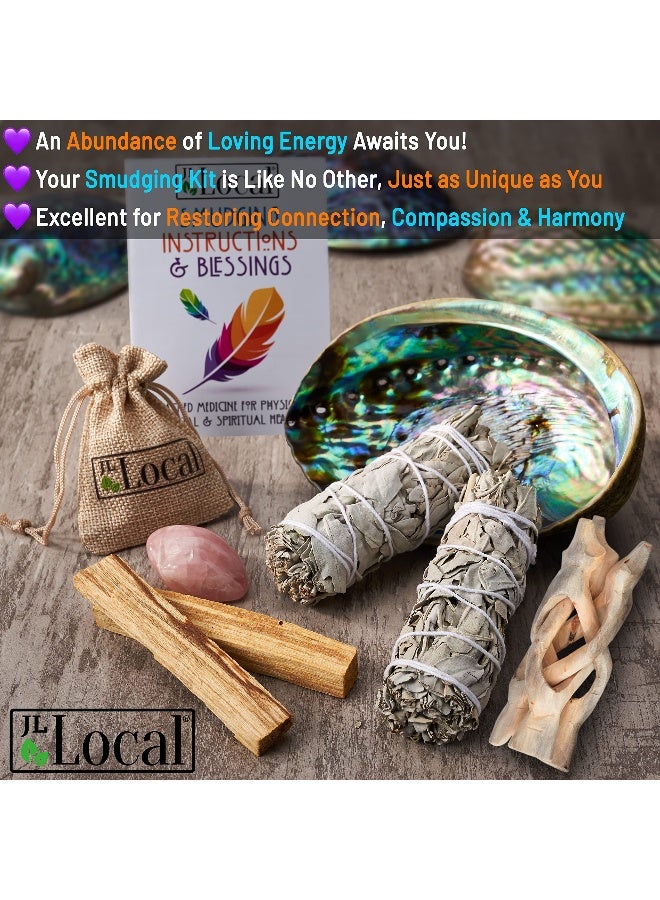 JL Local Perfect Unity Smudging Kit - 2 White Sage Smudge Sticks + 2 Palo Santo Sticks + Abalone Shell Bowl + Rose Quartz Crystal | Healing Incense for Cleansing, Blessing, Protection, Meditation - Image 2