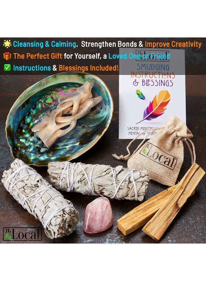 JL Local Perfect Unity Smudging Kit - 2 White Sage Smudge Sticks + 2 Palo Santo Sticks + Abalone Shell Bowl + Rose Quartz Crystal | Healing Incense for Cleansing, Blessing, Protection, Meditation - Image 4