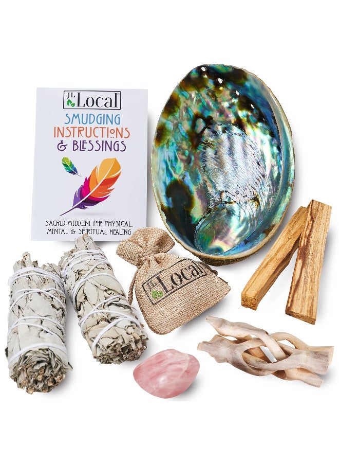 JL Local Perfect Unity Smudging Kit - 2 White Sage Smudge Sticks + 2 Palo Santo Sticks + Abalone Shell Bowl + Rose Quartz Crystal | Healing Incense for Cleansing, Blessing, Protection, Meditation - Image 1