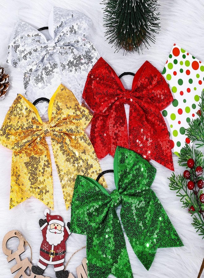 Whaline 8Pcs Christmas Cheer Hair Bows Sparkly Red Gold Silver Green Sequin Bowknot Christmas Ponytail Holder Cheerleader Decor Accessories for Women Christmas Birthday Sports Party Favor Gift - Image 4