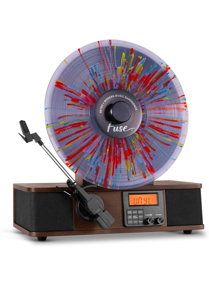 Fuse Wrap Vertical Vinyl Record Player | FM Radio, Bluetooth in/Out, AUX, Line Out | Alarm Clock | Premium Ceramic Needle | Full Range Speakers | Vintage Mid Century Modern | Handcrafted Ashtree Wood - Image 1