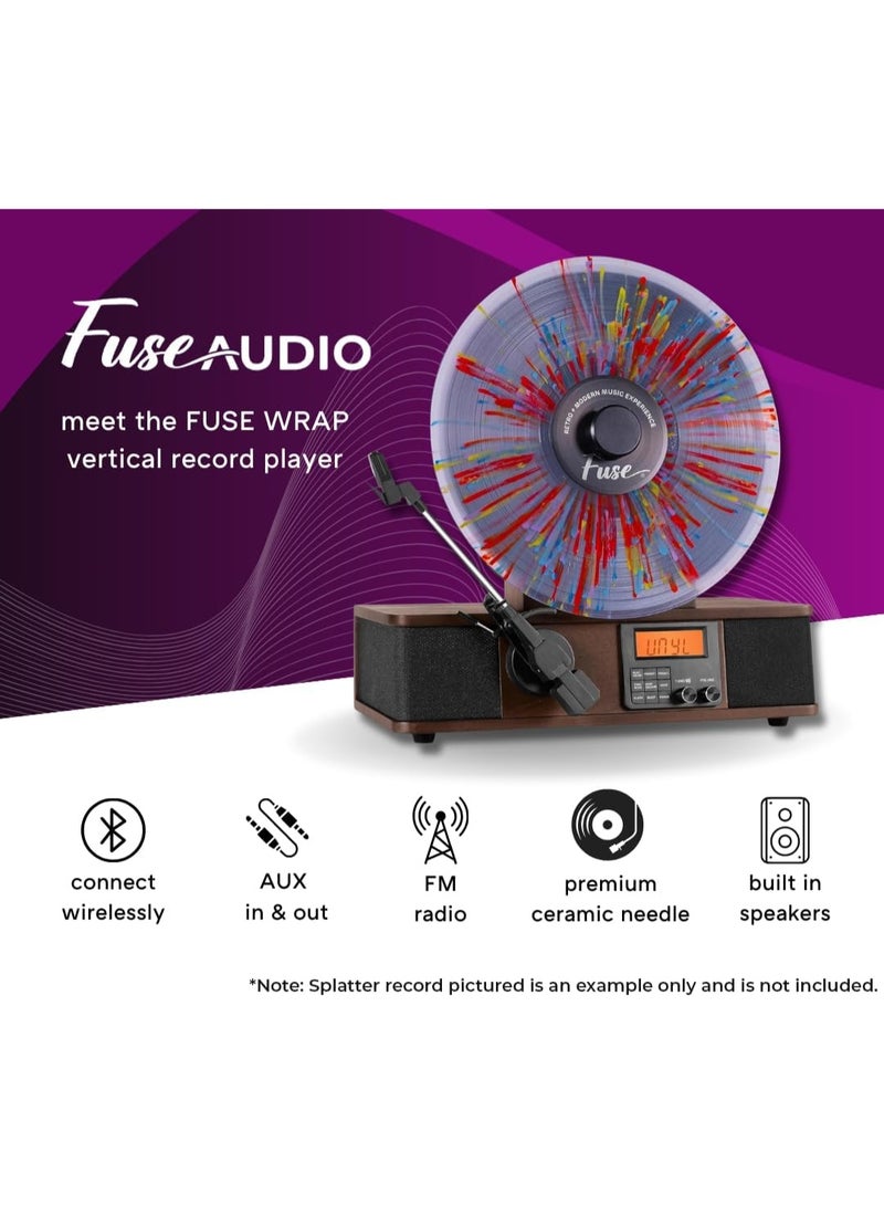 Fuse Wrap Vertical Vinyl Record Player | FM Radio, Bluetooth in/Out, AUX, Line Out | Alarm Clock | Premium Ceramic Needle | Full Range Speakers | Vintage Mid Century Modern | Handcrafted Ashtree Wood - Image 4