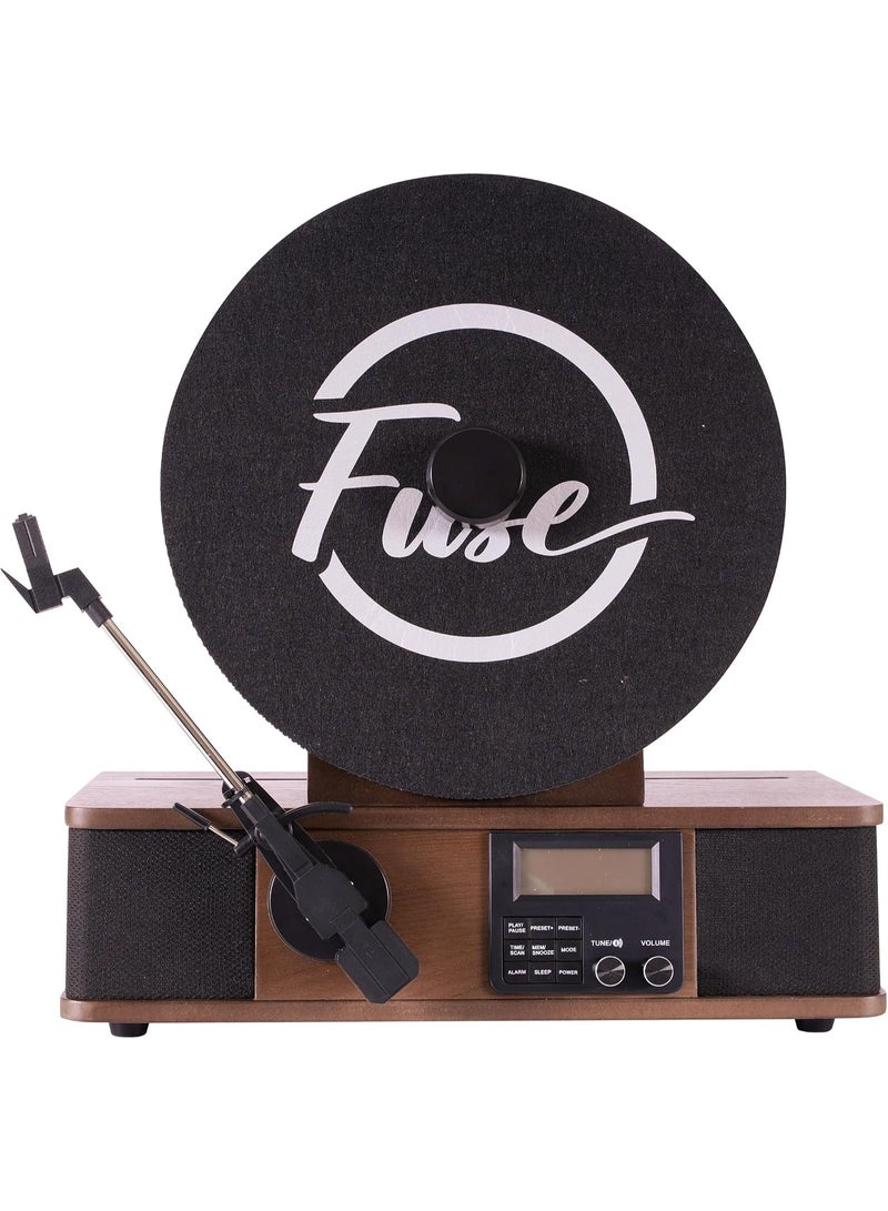 Fuse Wrap Vertical Vinyl Record Player | FM Radio, Bluetooth in/Out, AUX, Line Out | Alarm Clock | Premium Ceramic Needle | Full Range Speakers | Vintage Mid Century Modern | Handcrafted Ashtree Wood - Image 3