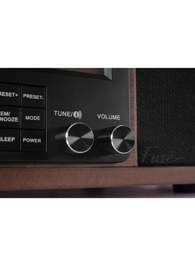 Fuse Wrap Vertical Vinyl Record Player | FM Radio, Bluetooth in/Out, AUX, Line Out | Alarm Clock | Premium Ceramic Needle | Full Range Speakers | Vintage Mid Century Modern | Handcrafted Ashtree Wood - Image 2