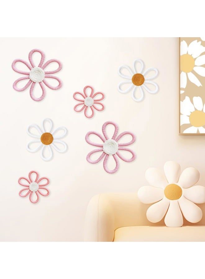 cntjv 6 Pcs Boho Daisy Wall Decor Pink Floral Macrame Wall Hanging Set 3 Mixed Size Cute Small Flower Art or Home Girls Room Nursery Classroom (Classic Pink) - Image 1