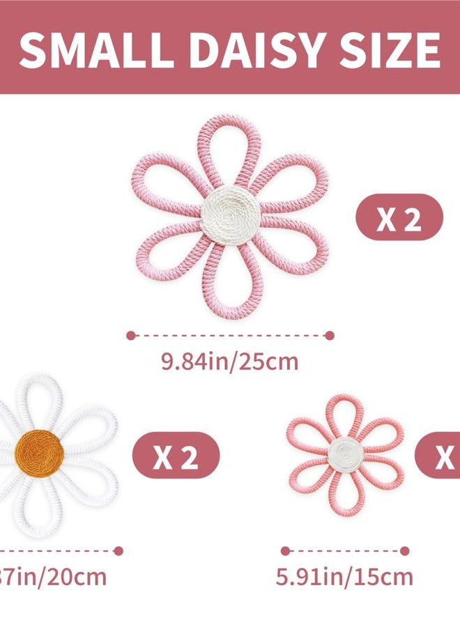 cntjv 6 Pcs Boho Daisy Wall Decor Pink Floral Macrame Wall Hanging Set 3 Mixed Size Cute Small Flower Art or Home Girls Room Nursery Classroom (Classic Pink) - Image 2
