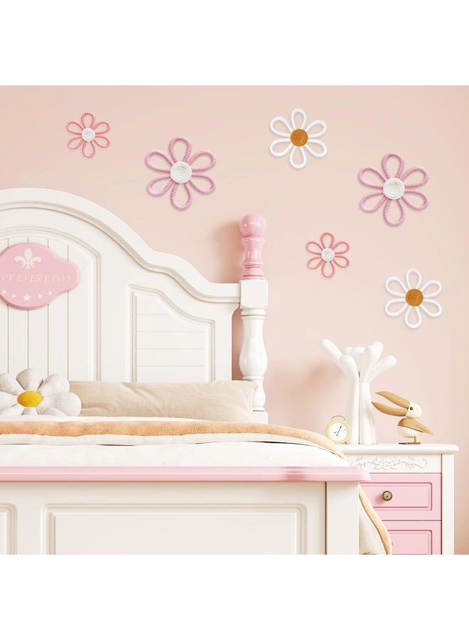 cntjv 6 Pcs Boho Daisy Wall Decor Pink Floral Macrame Wall Hanging Set 3 Mixed Size Cute Small Flower Art or Home Girls Room Nursery Classroom (Classic Pink) - Image 4