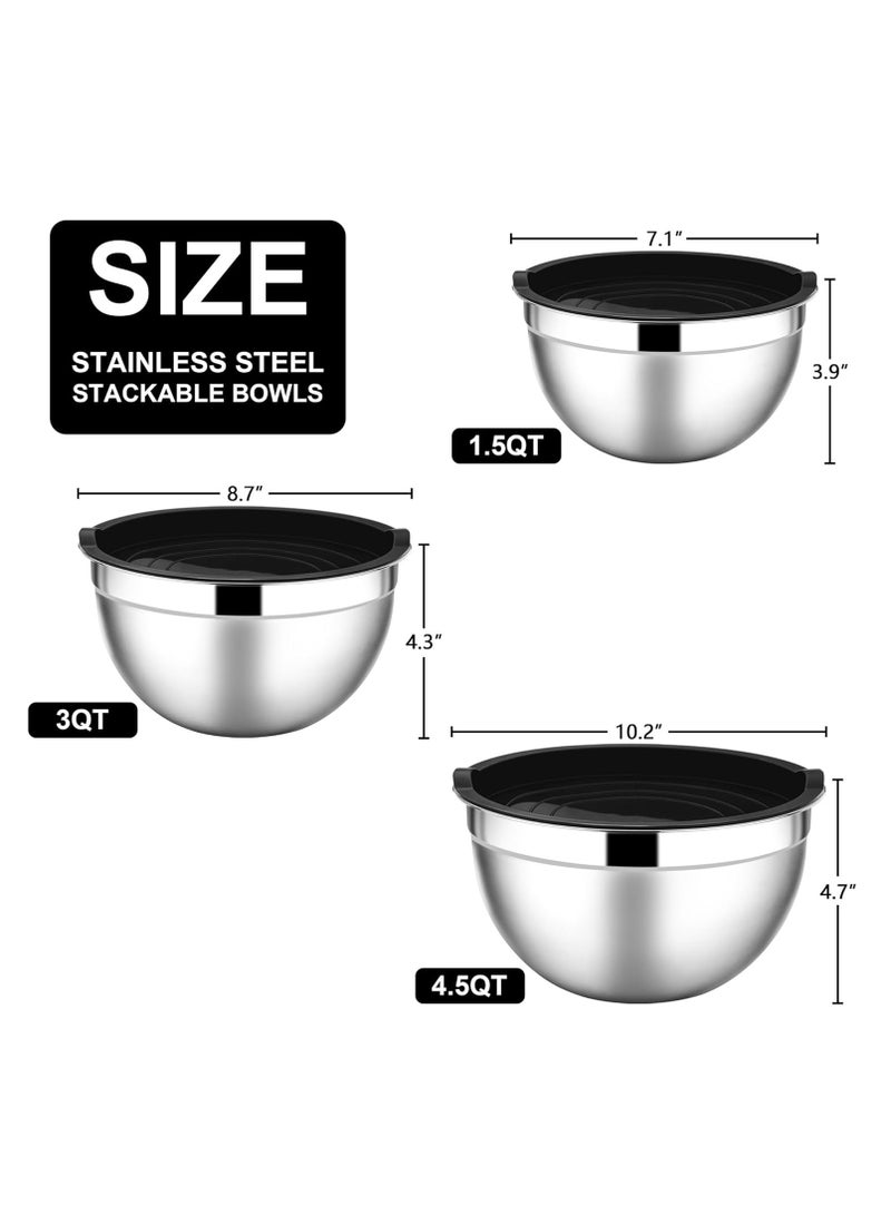 Relex Mixing Bowls with Lids, Stainless Steel Salad Bowl Metal Nesting Bowls for Baking Cooking and Prepping, Airtight Lids & Stackable Design (Black) - Image 2