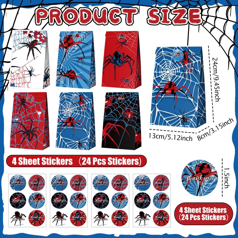 Abbylike 24 Pcs Spider Party Bags With Stickers Spider Paper Supplies Favors Cookie Chocolate Candy Snack Bags For Birthday Party Decoration Supplies  9.45 X 5.12 X 3.15 Inches - Image 3