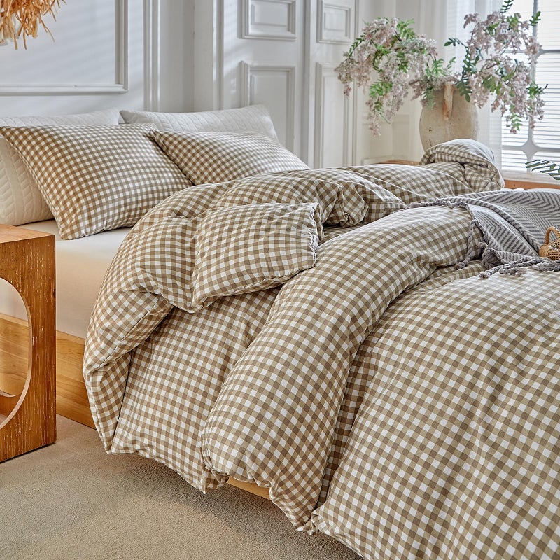 DuShow Grid King Duvet Cover Set - Tan Gingham Washed Microfiber Comforter Cover Set, 3 Pieces Plaid Checkered Soft Reversible Bedding Set(Tan,King) - Image 1