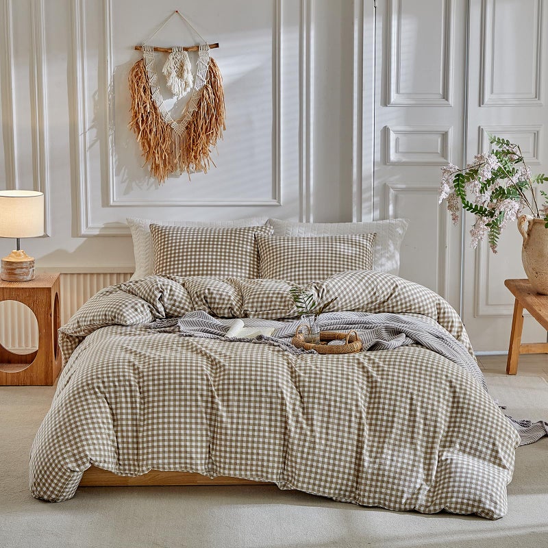 DuShow Grid King Duvet Cover Set - Tan Gingham Washed Microfiber Comforter Cover Set, 3 Pieces Plaid Checkered Soft Reversible Bedding Set(Tan,King) - Image 2
