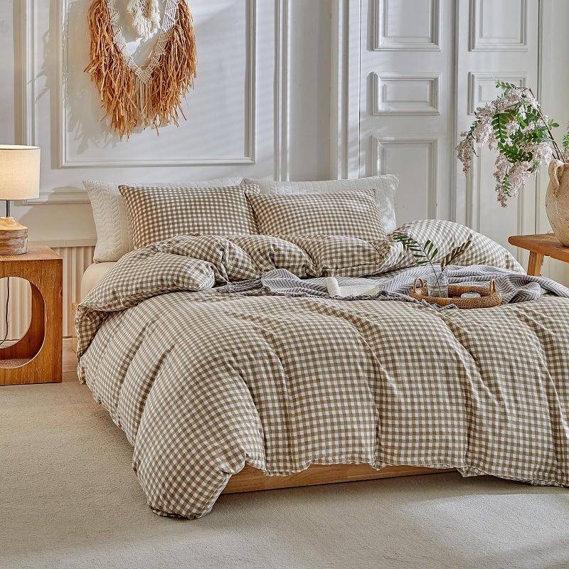 DuShow Grid King Duvet Cover Set - Tan Gingham Washed Microfiber Comforter Cover Set, 3 Pieces Plaid Checkered Soft Reversible Bedding Set(Tan,King) - Image 3