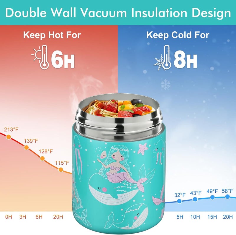 wiwens ترمس حساء من wiwens سعة 10 أونصة للطعام الساخن للأطفال، وعاء طعام معزول واسع الفم، حاوية غداء مانعة للتسرب، من الفولاذ المقاوم للصدأ، صندوق بينتو مفرغ للهواء للمدرسة والمكتب والسفر والخارج - أخضر-حورية البحر - Image 4