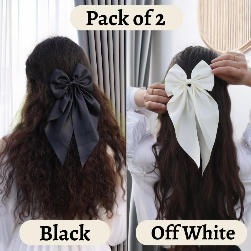 Chictresses® 2 Pack Off White and Green - Hair Bows, Bow Clips for Women - Hair Clips, Luxury Satin Hair Bow Clips for Girls, Hair Clip - Cute Hair Accessories for Girls - Image 2