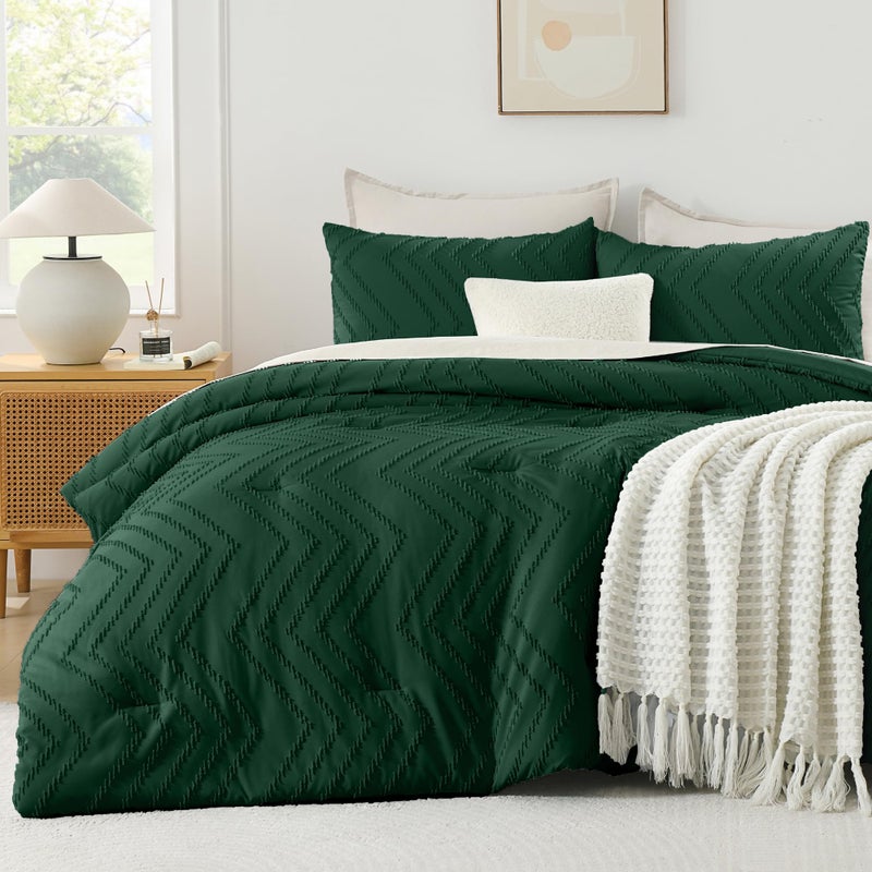 Andency Emerald Green Oversized Super King Plus Comforter Set 128x120 Extra Large King Size Comforter Oversize Boho Soft Warm Bedding Comforter Sets 3 Pieces Aesthetic Chevron Textured Bedding
