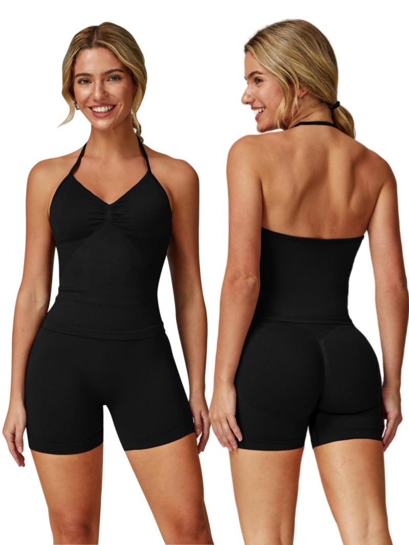 ABOCIW Workout Sets for Women 2 Piece Seamless Impact Longline Strappy Top Halter Sports Bra Scrunch Butt Lifting High Waist Biker Shorts Gym Set Work Out Clothes Black XSmall