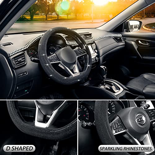 SEG Direct Diamond Flat Bottom Steering Wheel Cover, D Shaped Car Wheel Cover 14 1/2-15 in. (37-39 cm), Bling Sparkly Rhinestones, Black with Black Diamond - Image 3