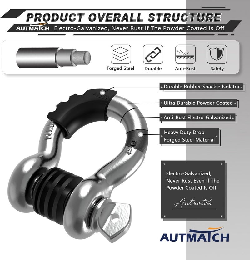 AUTMATCH D Ring Shackle 3/4" Shackles (2 Pack) 41,887Ibs Break Strength with 7/8" Screw Pin and Shackle Isolator Washers Kit for Tow Strap Winch Off Road Vehicle Recovery Silver - Image 4