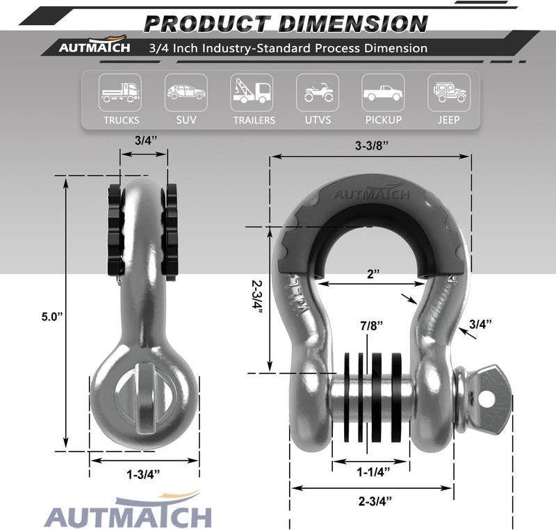 AUTMATCH D Ring Shackle 3/4" Shackles (2 Pack) 41,887Ibs Break Strength with 7/8" Screw Pin and Shackle Isolator Washers Kit for Tow Strap Winch Off Road Vehicle Recovery Silver - Image 3