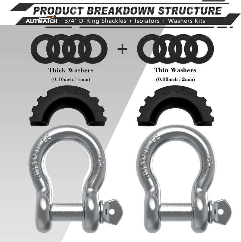 AUTMATCH D Ring Shackle 3/4" Shackles (2 Pack) 41,887Ibs Break Strength with 7/8" Screw Pin and Shackle Isolator Washers Kit for Tow Strap Winch Off Road Vehicle Recovery Silver - Image 2
