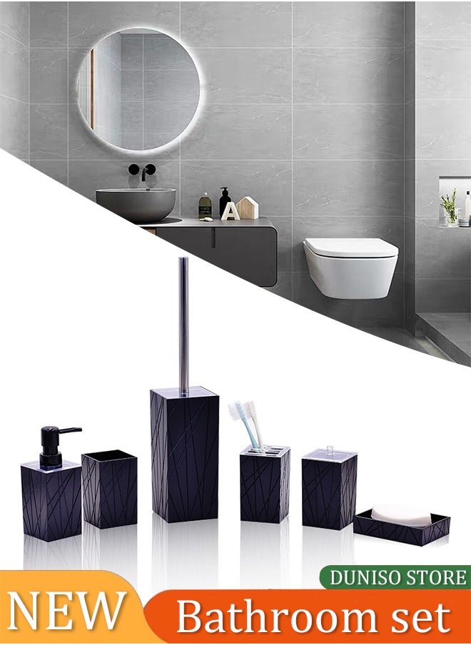 DUNISO 6 pieces of Bathroom accessories set, plastic gift set, twill square stainless steel bathroom set, with lotion bottle, toothbrush cup, mouthwash cup, soap tray, toilet brush, cotton swab box (black)  - Image 1