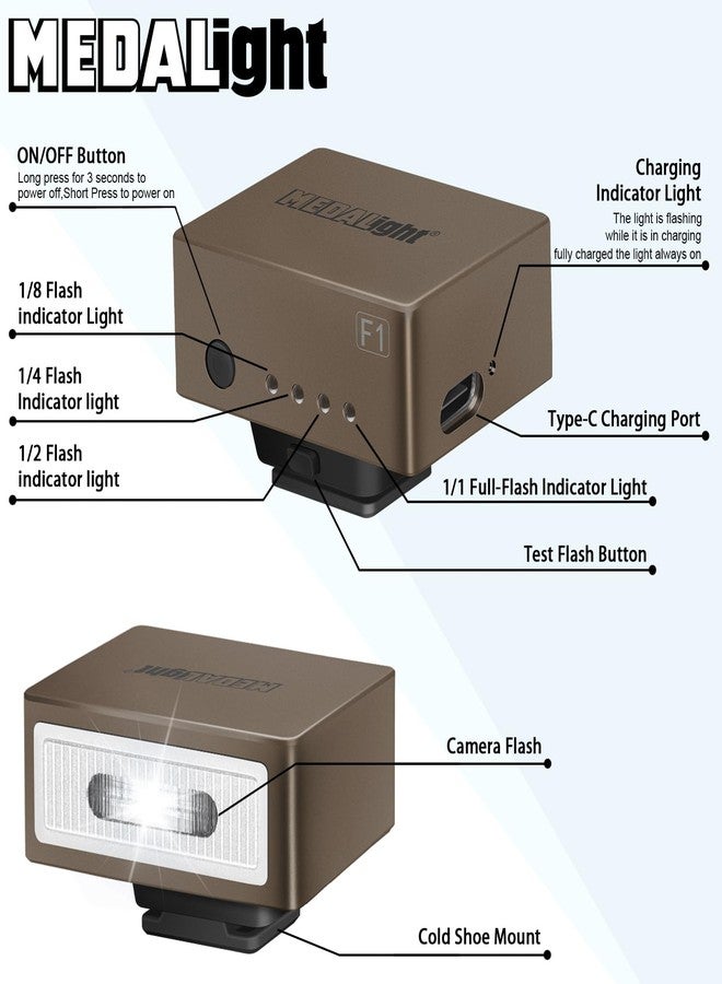 فلاش كاميرا صغير F1، فلاش كاميرا Speedlite لكاميرات Ricoh (GR3/GR3X، إلخ)، Fuji/Sony/Nikon/Canon، كاميرات الأفلام الرقمية، مصباح فلاش صغير محمول لكاميرات DSLR. (ذهبي وردي) - Image 2