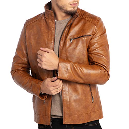 WULFUL Men's Stand Collar Leather Jacket Motorcycle Lightweight Faux Leather Outwear - Image 3