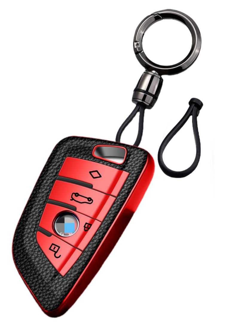 OUYoo Key Fob Cover Case, Keychain, Metal Shell Cover Compatible for BMW 2 3 5 7 Series X1 X2 X3 X5 X6 X7 X5m Z4 M3 M5 M6 G05 G20 G30 G31 G80 F10 F15 Series Premium TPU all-inclusive key case with key chain.（Red） - Image 1